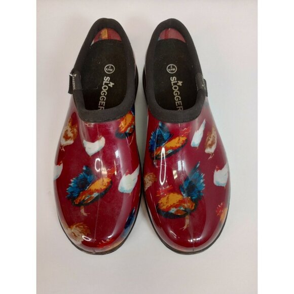 Red Sloggers Chicken & Rooster Clog Shoe Women’s 7 Garden Chore Rubber Slip On - Picture 3 of 7